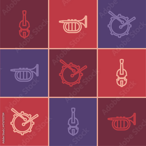 Set line Violin, Drum with drum sticks and Trumpet icon. Vector