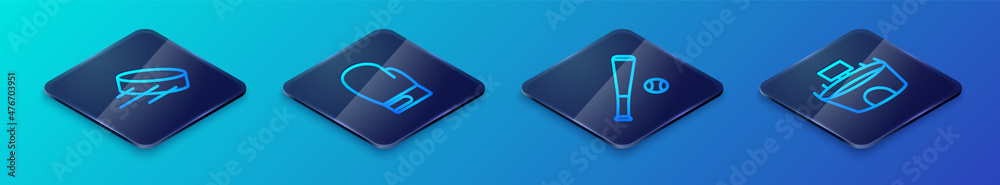Set Isometric line Baseball bat with ball, Hockey puck, Stadium and Boxing glove icon. Vector