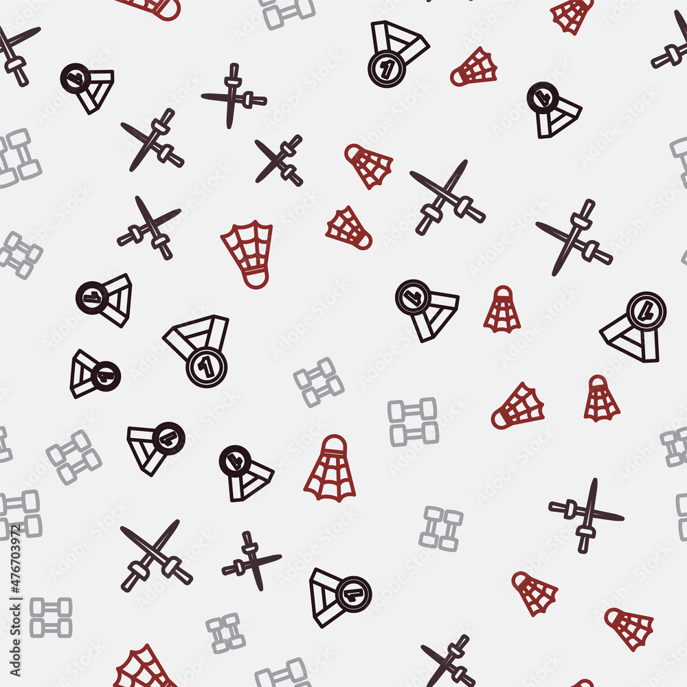 Set line Medal, Fencing, Dumbbell and Badminton shuttlecock on seamless pattern. Vector Set line Medal, Fencing, Dumbbell and Badminton shuttlecock on seamless pattern. Vector
