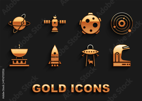 Set Rocket ship, Solar system, Astronaut helmet, UFO abducts cow, Satellite dish, Planet, Satellites orbiting the planet Earth and icon. Vector