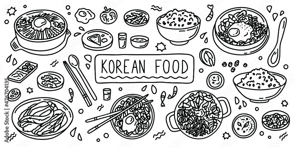 Korean cuisine, food. Simple doodle outline style. Vector stock black and white illustration