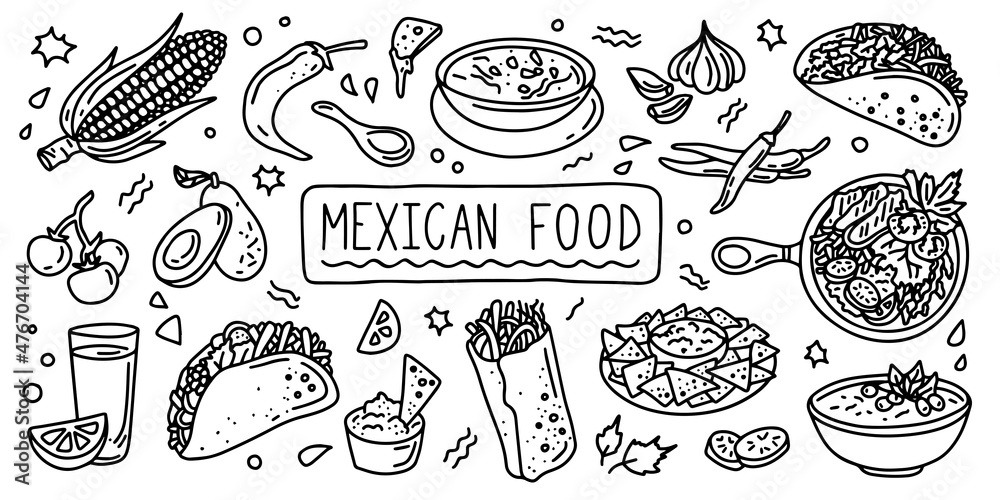 Mexican cuisine, food. Simple doodle outline style. Raster stock black and white illustration.