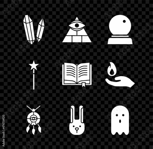 Set Magic stone, Masons, ball, Dream catcher with feathers, Rabbit ears, Ghost, wand and Ancient magic book icon. Vector