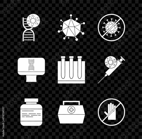 Set DNA symbol and virus, Virus, Stop, Medicine bottle pills, First aid kit, No handshake, spiral computer and Blood test icon. Vector
