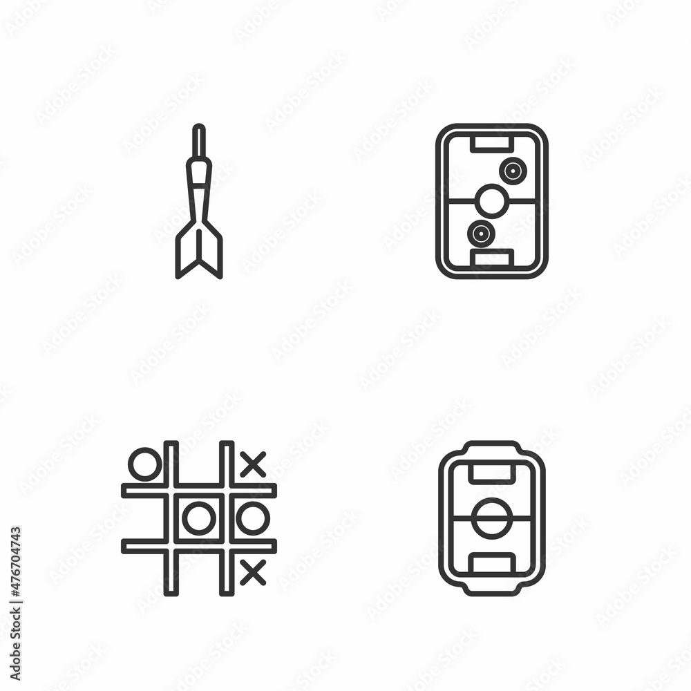 Set line Table football, Tic tac toe game, Dart arrow and Air hockey table icon. Vector Set line Table football, Tic tac toe game, Dart arrow and Air hockey table icon. Vector