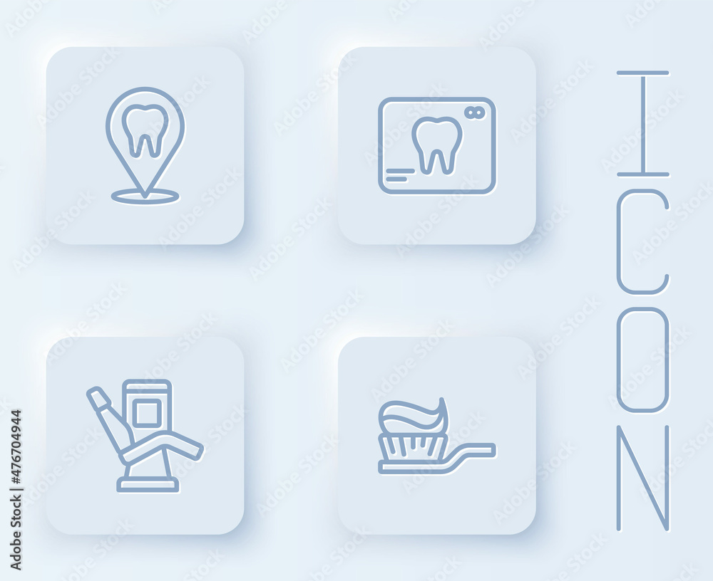 Set line Dental clinic location, X-ray of tooth, Medical dental chair and Toothbrush with toothpaste. White square button. Vector