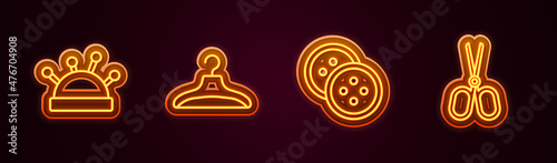 Set line Needle bed and needles, Hanger wardrobe, Sewing button for clothes and Scissors. Glowing neon icon. Vector