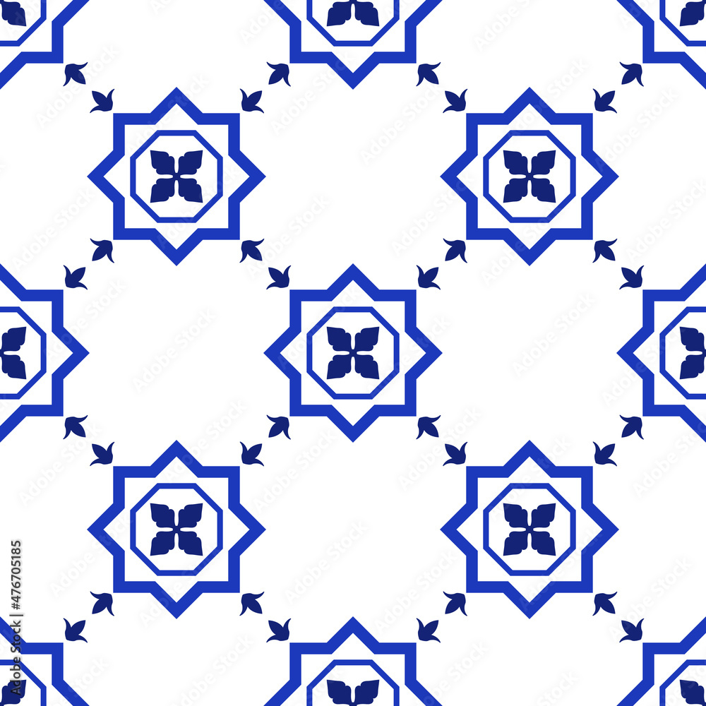 Azulejos portuguese traditional ornamental tile, blue and white seamless pattern