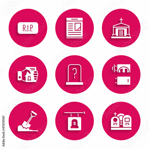 Set Grave with tombstone, Signboard, Crematorium, Shovel in the ground, Death certificate hand, Old crypt and Speech bubble rip death icon. Vector