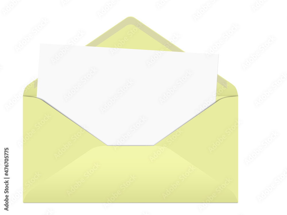 Briefumschlag mit leerer Karte vor weißem Hintergrund, isoliert, 3D-Illustration Briefumschlag mit leerer Karte vor weißem Hintergrund, isoliert, 3D-Illustration