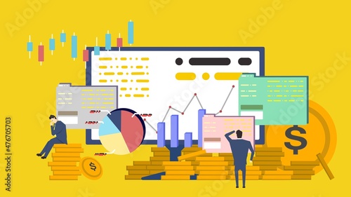 投資のためにチャートやグラフ、情報を確認するビジネスマン（黄）　Businessmen checking charts, graphs and information for investment
