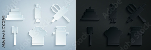 Set Chef hat, Kitchen whisk and rolling pin, Spatula, Can container for milk, Candy and Cake with burning candles icon. Vector