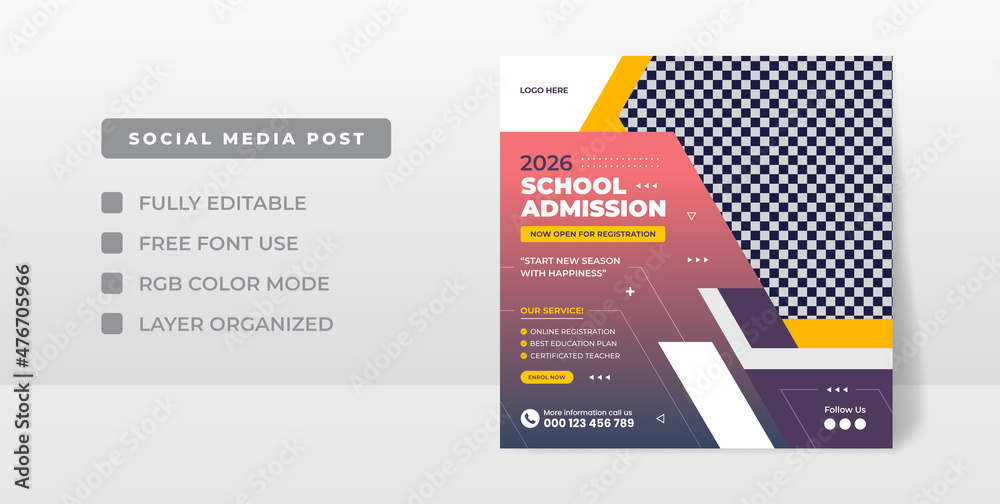 School admission social media post template, kids banner, school admission web banner template