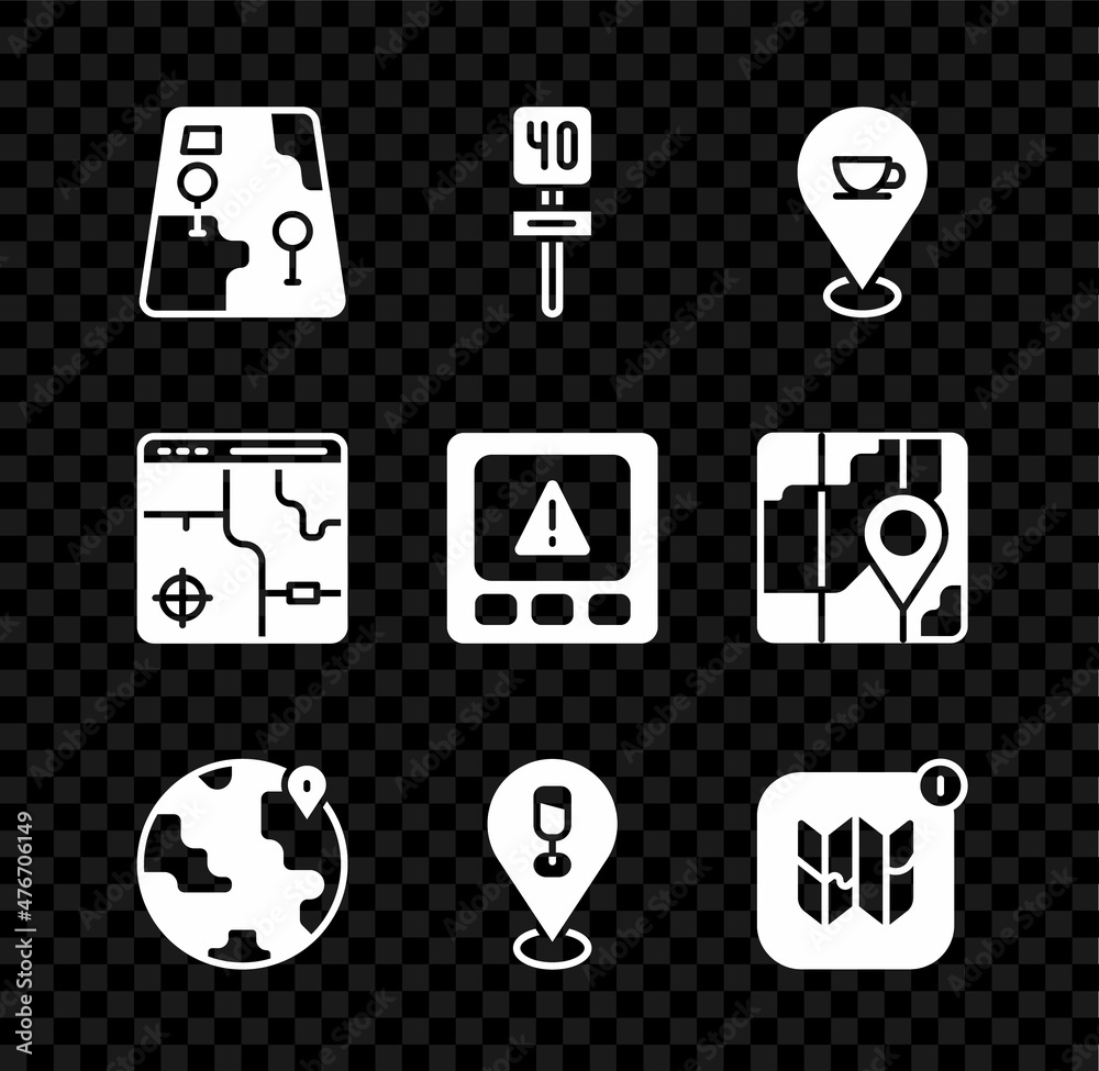 Set City map navigation, Road traffic sign, Location with coffee cup, the globe, Alcohol or beer bar location, Infographic city, and Gps device error icon. Vector Set City map navigation, Road traffic sign, Location with coffee cup, the globe, Alcohol or beer bar location, Infographic city, and Gps device error icon. Vector