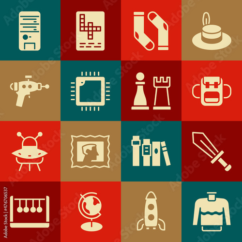 Set Sweater, Sword for game, School backpack, Socks, Processor with CPU, Ray gun, Computer and Chess icon. Vector