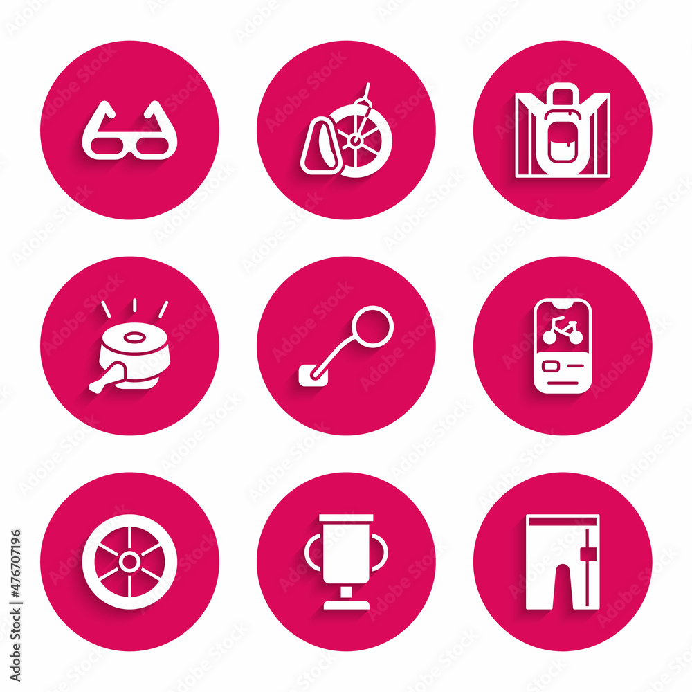 Set Bicycle rear view mirror, Award cup with bicycle, Cycling shorts, rental mobile app, wheel, bell, Hiking backpack and Sport cycling sunglasses icon. Vector Set Bicycle rear view mirror, Award cup with bicycle, Cycling shorts, rental mobile app, wheel, bell, Hiking backpack and Sport cycling sunglasses icon. Vector