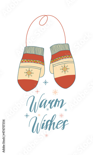 Greeting Christmas card with pair of winter mittens isolated on white background. Vector illustration in boho style. Warm mitten and lettering.