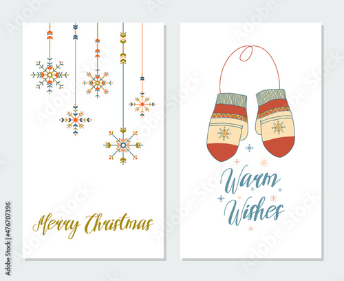 Set of Boho Christmas greeting cards. Hand drawn vector illustrations in boho style. Mittens, snowflakes and lettering. New Year 2022