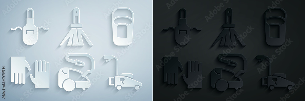 Set Vacuum cleaner, Bucket with rag, Rubber gloves, Lawn mower, Handle broom and Kitchen apron icon. Vector Set Vacuum cleaner, Bucket with rag, Rubber gloves, Lawn mower, Handle broom and Kitchen apron icon. Vector