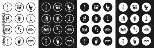 Set Toilet bowl, urinal or pissoir, Drain cleaner bottle, Screwdriver, Rubber plunger, Water filter, Industry metallic pipe and Test tube with water drop icon. Vector