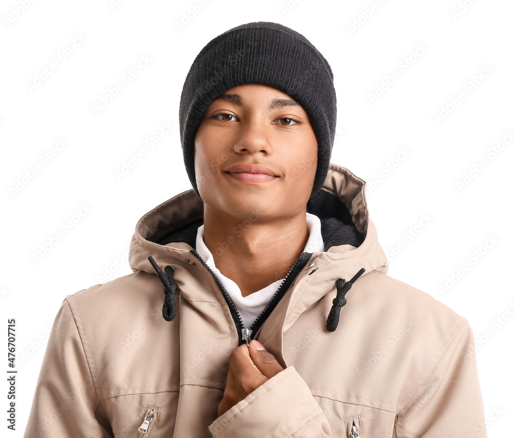 Handsome stylish African-American guy in warm clothes on white background Handsome stylish African-American guy in warm clothes on white background