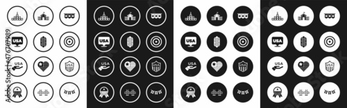 Set Carnival garland with flags, Hotdog sandwich, USA Independence day, City landscape, American star shield, United States Capitol Congress, Shield stars and icon. Vector