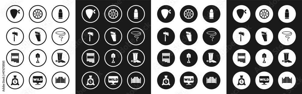 Set Bullet, Revolver gun in holster, Tomahawk axe, Cowboy bandana, Lasso, Old wooden wheel, boot and Pan flute icon. Vector Set Bullet, Revolver gun in holster, Tomahawk axe, Cowboy bandana, Lasso, Old wooden wheel, boot and Pan flute icon. Vector