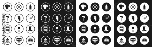 Set Bullet, Revolver gun in holster, Tomahawk axe, Cowboy bandana, Lasso, Old wooden wheel, boot and Pan flute icon. Vector