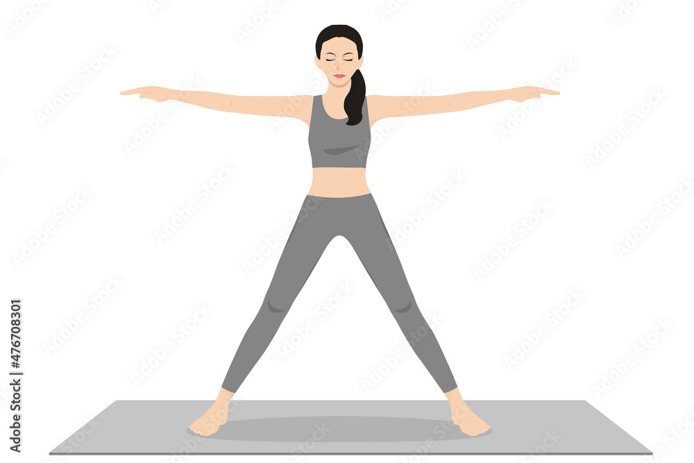 Five Pointed Star Pose, Utthita Tadasana, Star Pose, Utthita Hasta Padasana  Young attractive woman practicing yoga exercise. working out, black wearing sportswear, grey pants and top, indoor full