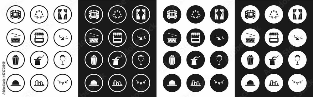 Set Circus curtain raises, Fast street food cart, Drum with drum sticks, wagon, Seesaw, Juggling ball, fire hoop and Popcorn box icon. Vector