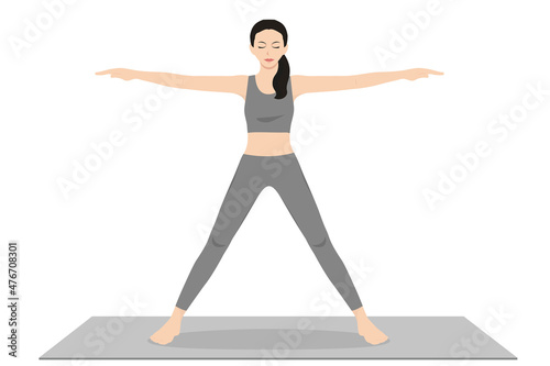 Five Pointed Star Pose, Utthita Tadasana, Star Pose, Utthita Hasta Padasana  Young attractive woman practicing yoga exercise. working out, black wearing sportswear, grey pants and top, indoor full photo