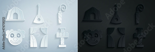 Set Circus curtain raises, Birthday party horn, Clown head, Attraction carousel, Balalaika and tent icon. Vector
