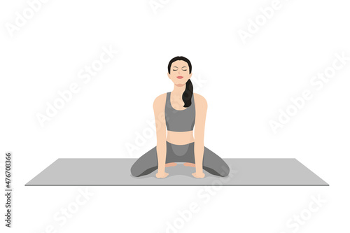 Lion Pose, Simhasana, Roaring Lion Pose  Young attractive woman practicing yoga exercise. working out, black wearing sportswear, grey pants and top, indoor full length, calmness and relax.
