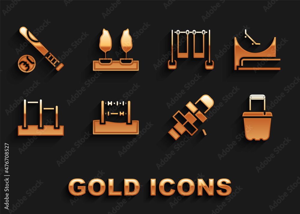 Set Abacus, Skate park, Sand in bucket, Hopscotch, Horizontal bar, Double swing, Baseball bat with ball and Forest icon. Vector Set Abacus, Skate park, Sand in bucket, Hopscotch, Horizontal bar, Double swing, Baseball bat with ball and Forest icon. Vector