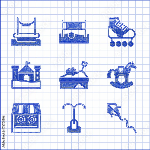 Set Sandbox with sand, Street light, Kite, Horse in saddle swing, Shooting gallery, castle, Roller skate and Bungee icon. Vector