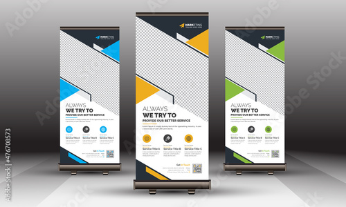 Abstract Blue, Yellow, Green, Corporate Business Roll Up Banner Signage Standee Template Design, Professional Creative Modern Unique X Banner Signage Design