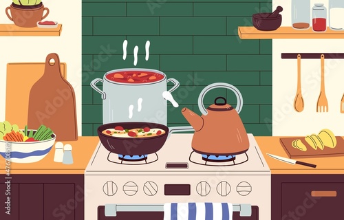 Cooking pan, pots and tea kettle on gas stove. Cook process at home kitchen. Dishes boiling and stewing on domestic cooker. Preparing meal in saucepan and teakettle. Colored flat vector illustration