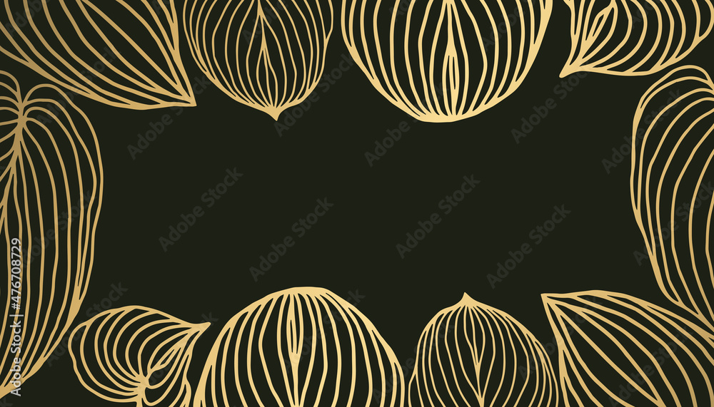 Fototapeta Luxury natural frame with golden leaves line art on dark green