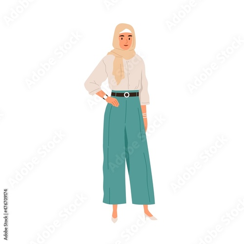 Modern Arab woman portrait. Muslim female wearing hijab and fashion clothes. Arabian person in trendy outfit, headscarf and pants. Flat graphic vector illustration isolated on white background