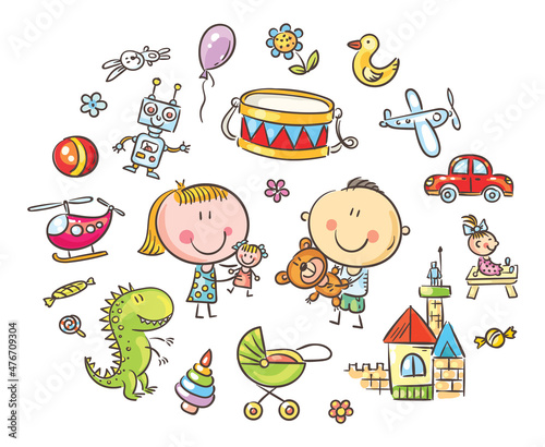 Doodle kids with toys set, hand drawing