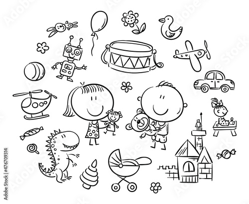 Doodle kids with toys set, hand drawing coloring page