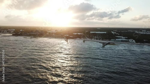 Dramatic Sunset With Reflection In Playa Del Carmen Near Vidanta Riviera Maya, Quintana Roo, Mexico. Aerial Wide photo