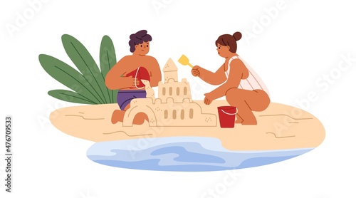 Kids build sand castle on beach on summer holidays. Children play with sandcastle, shovel and bucket on sea cost. Seaside fun for boy and girl. Flat vector illustration isolated on white background