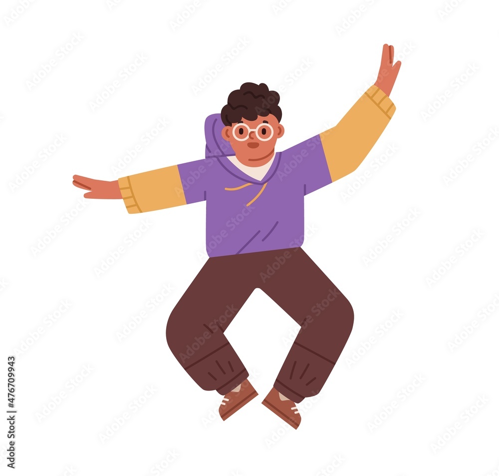 Happy kid jumping up for fun. Cute active child in motion. Positive energetic carefree boy rejoicing. Merry jolly excited person with energy. Flat vector illustration isolated on white background