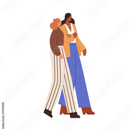 Women friends walking outdoors. Couple of biracial girlfriends going and holding hands. People strolling together. Females in motion, side view. Flat vector illustration isolated on white background