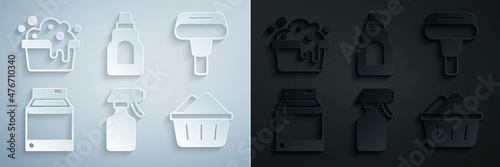 Set Water spray bottle, Garment steamer, Washer, Basin with soap suds, Bottle for cleaning agent and icon. Vector