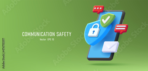 Web banner with 3d render illustration od a smartphone with protection shield with padlock and notification bell and envelope