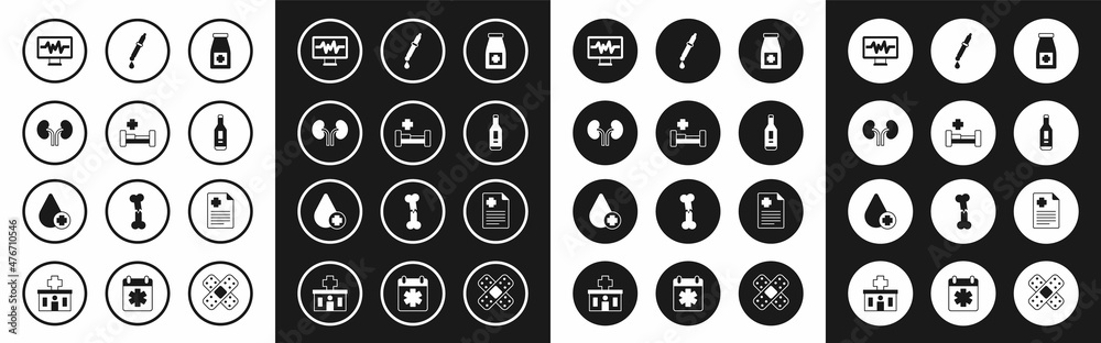 Set Medicine bottle and pills, Hospital bed, Human kidneys, Monitor with cardiogram, Digital thermometer, Pipette, Patient record and Donate drop blood icon. Vector