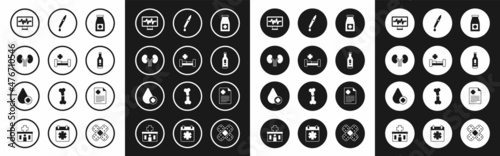 Set Medicine bottle and pills, Hospital bed, Human kidneys, Monitor with cardiogram, Digital thermometer, Pipette, Patient record and Donate drop blood icon. Vector