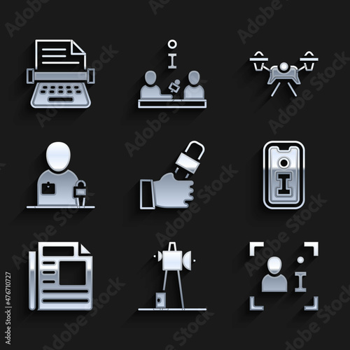 Set Journalist news, Antenna, Television report, Information, News, Drone and Retro typewriter icon. Vector